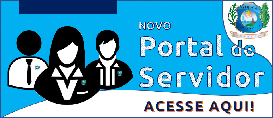 Imagem com fundo azul escrito Novo Portal do Servidor, acesse aqui e uma imagem com três funcionários em preto e branco