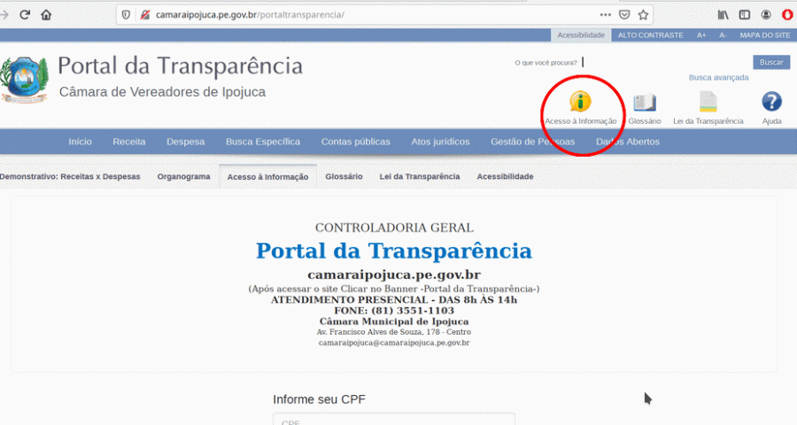 Print da tela do Portal da Transparência mostrando o ícone para pedido de acesso à informação