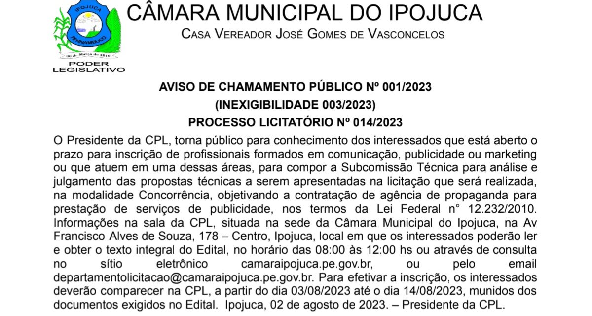 Aviso De Chamamento Público Nº 0012023 Câmara Municipal Do Ipojuca 1015